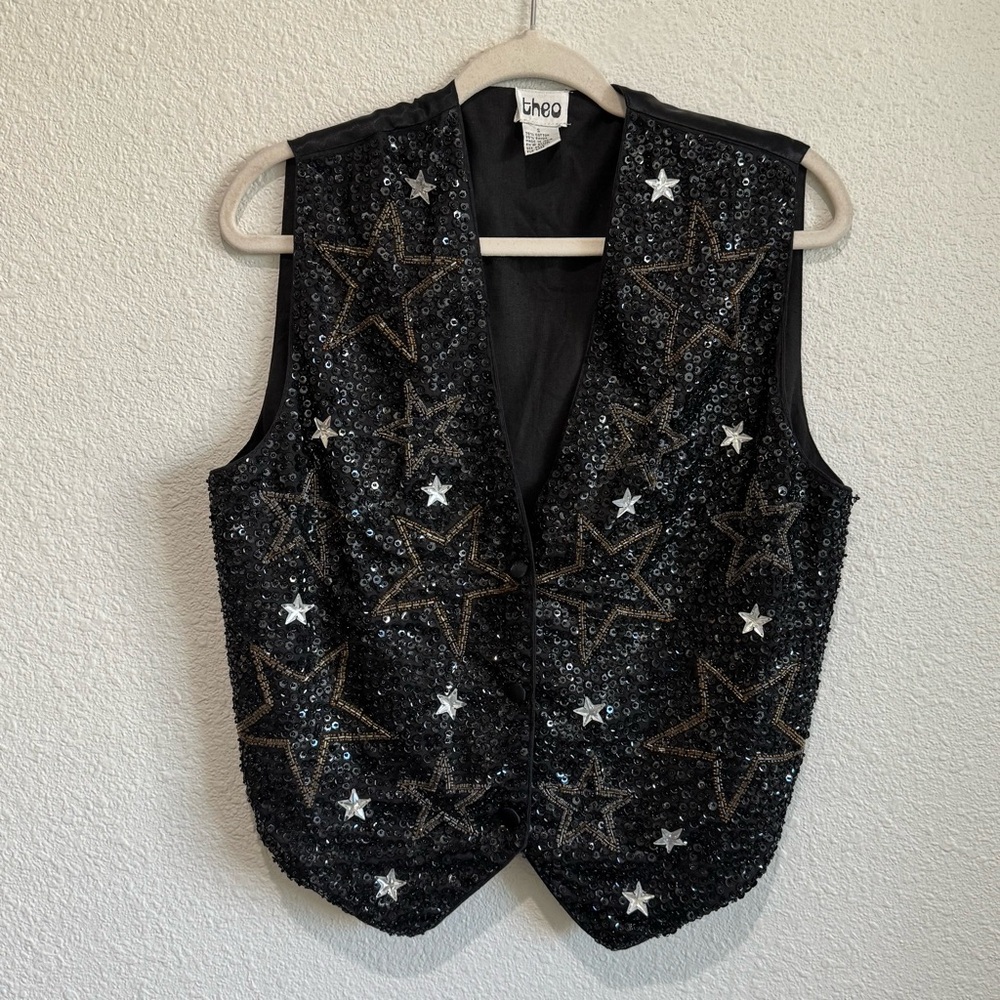 VTG Theo Sequin Star Button Vest Western Festival‎ 90s Cowgirl Boho Beaded